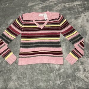 Y2K Style Pink Grey Yellow Colorway V Neck Velvet Knit Pullover Juniors Sz Large